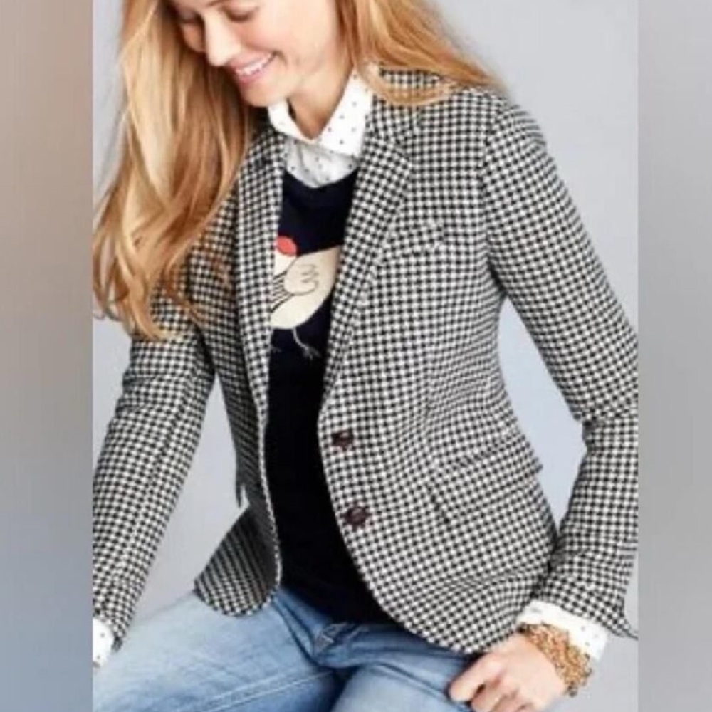 J. Crew Women's Houndstooth Blazer in Black and Cream 100% Wool